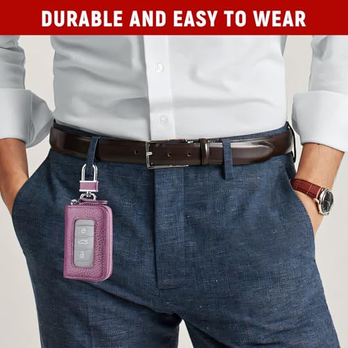 Car Key Fob Case, Remote Keys Storage Bag with Metal Hook & Transparent Window, Waterproof Leather Auto Key Fob Holder Keychain Zipper Bag for Women Men, Car Accessories (Purple) - color: Purple