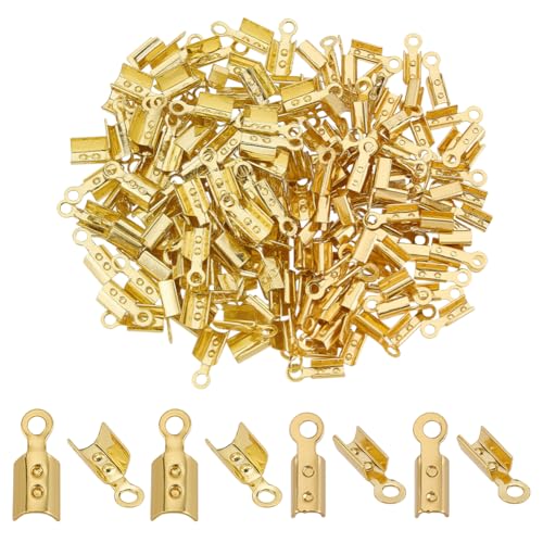 PH PandaHall 200pcs Fold Over Cord Ends, 18K Gold Plated Crimp Beads Leather Ribbon End Clasp Tips Brass Crimp End Tips Jewelry Connector for DIY Jewelry Making Bracelet Necklace, 7.5x2.5mm