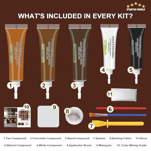 STARTSO WORLD Brown Leather & Vinyl Repair Kit for Furniture, Couches, Car Seats, Sofas, Boat Seats, Jackets with Easy Instructions, Repair Scratches, Tears, and Holes in Pleather, Genuine Leather - color: Brown