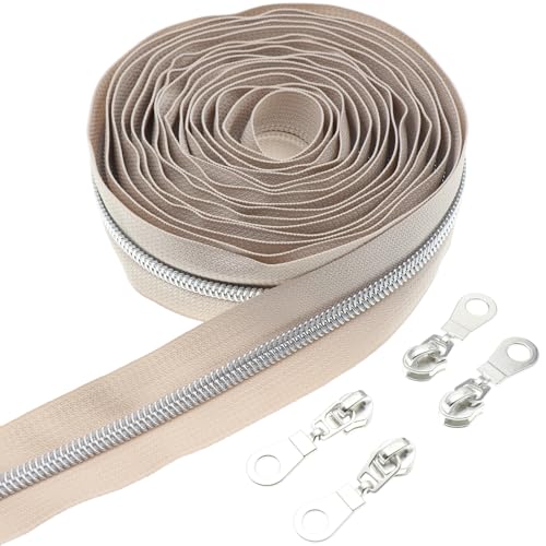 #5 Silver Zipper Bulk 5 Yards Beige Zipper Tape 10pcs Silver Pulls Slider - color: Beige-silver