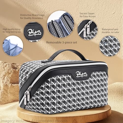 BOYATU Travel Makeup Bag Cosmetic Bags for Women: 3 Pcs Set Make up Bag | Large Capacity Waterproof Vegan Leather Organizer Bags with Compartments - Lay flat Toiletry with Handle (M-76Black) - color: M-76Black