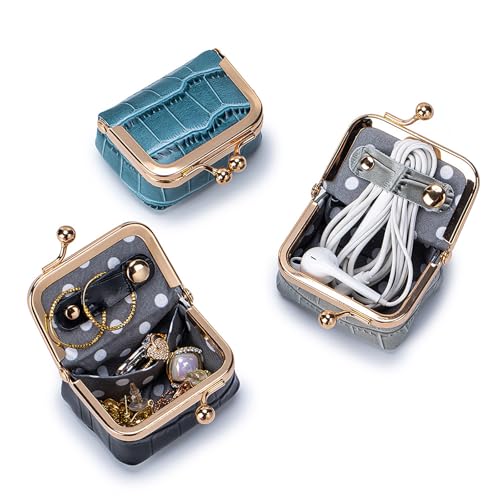 Genuine Leather Mini Jewelry Box & Coin Purse for Women, Travel Jewelry Case with Kiss Lock, Holds Earrings, Rings, Necklace, Bracelet, Coins (Ice Blue Crocdile Pattern) - color: Ice Blue - 2.5in - Crocodile Pattern
