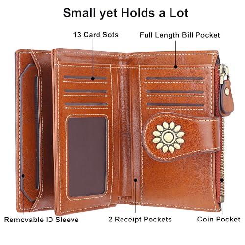 Womens Leather Wallet Small Compact RFID Blocking Credit Card Case Purse with Zipper Pocket | Small - color: Brown