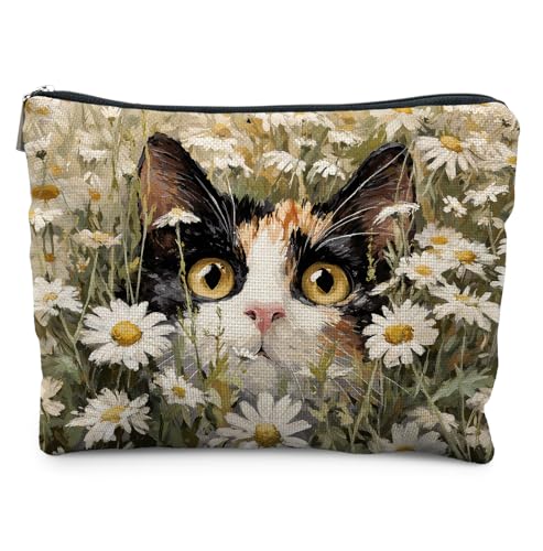 Cute Cat Floral Makeup Bag for Women,Cats Lover Lady Mom Grandma Gifts,Gifts for Women Cat Lovers, Calico Cat Daisy Kitten Zipper Makeup Pouch,Spring Holiday Toiletry Bag - color: Cute Cat