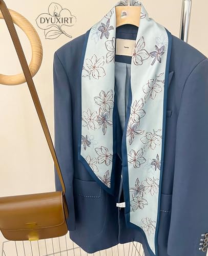 Head Scarf Purse Handle Neck Satin Hair Scarfs For Bag Lightweight Silky Long Thin Women's Fashion Scarves 59 * 5.9” - color: H21-light Blue Flowers(59*5.9inch)