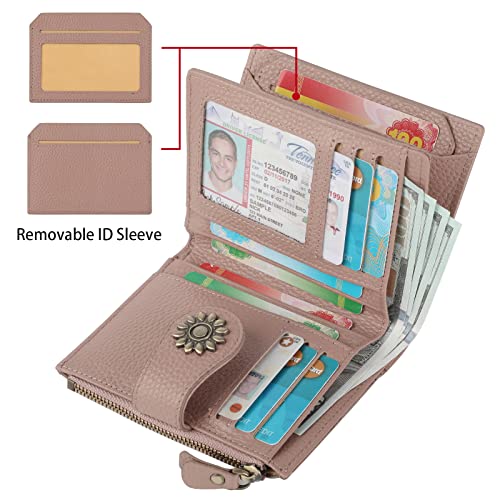 Womens Leather Wallet Small Compact RFID Blocking Credit Card Case Purse with Zipper Pocket | Small - color: Pebbled Dark Pink