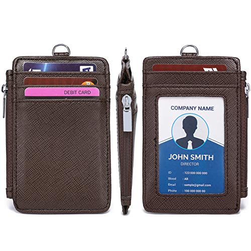 ID Badge Holder with Neck Lanyard PU Leather ID Badge Wallet Case with 1 ID Window, 4 Card Slots, 1 Side Zipper Pocket (Coffee) - color: Coffee