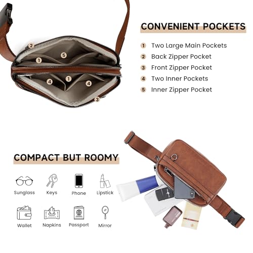TAMTOMI Fanny Packs for Women Men Everywhere Belt Bag Vegan Leather Waist Packs with Adjustable Strap Crossbody Chest Bag Travel for Workout - color: Brown