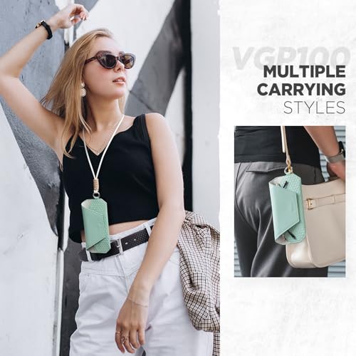 VULKIT Portable Leather Eye Glasses Case for Women & Men, Slim Sunglass Case, Unisex Eyeglass Case - color: Mint Green With Lanyard