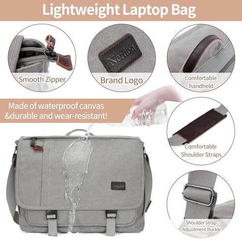 NerIion Nerlion Messenger Bag for Men 17-17.3 Inch Laptop Bag Canvas Water-resistant Computer Bag Shoulder Bag Work Briefcase Bookbag for College (Light Gray) - color: Light Grey