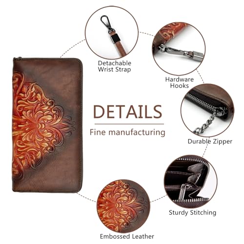 Wallet Genuine Leather for Women - with RFID Blocking Card checkbook ID Slot Large Capacity Vintage style (floral coffee) - color: floral coffee