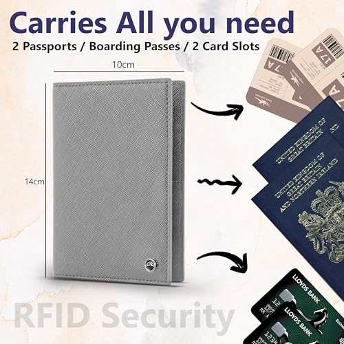 2 Passport Holder - Travel Essentials, RFID Blocking Wallet Credit Card Organiser, Plain Accessories Slim Cover For Men & Women - color: Grey