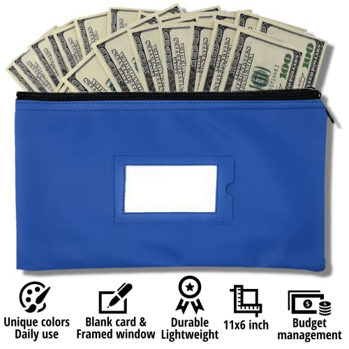 Money Bank Deposit Bag with Zipper, Cash Pouch, Sky Blue, 11x6 in, 1 Pack | Durable Leatherette Wallet for Men and Women, Fits Cash Coin and Check, Blank Card for ID Window