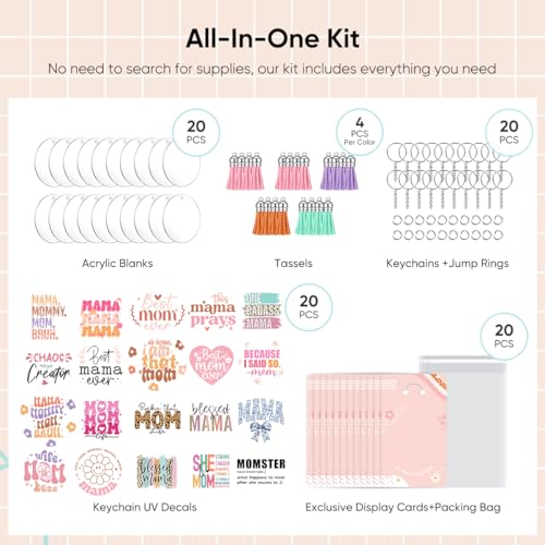 YOPPIX 140 PCS Acrylic Keychain Blank Set, Mama Double-Sided UV DTF Stickers Acrylic Keychain Making Kits for Vinyl DIY Craft Project - color: MAMA