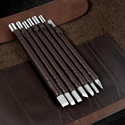 8 Pcs Tungsten Steel Chisel Set, Engraving Tools, Wood & Bamboo Carving | Durable tungsten steel blades with leather sheath, ideal for carving, engraving, and DIY woodworking projects.