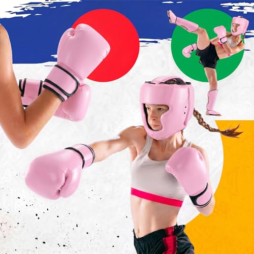 Arrowbash 5 Pcs Boxing Guards Set for Kids with Sparring Headgear, 6oz Boxing Gloves and Leg Shin Guards Wrestling Headgear for Youths Teens Boys Girls Kickboxing Karate Muay Thai BJJ Training - color: Pink
