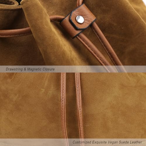 AFKOMST Suede Bucket Bag for Women Medium Slouchy Shoulder Purse | Faux suede; 2 detachable straps for shoulder or crossbody carrying;fit tablets, A5, long wallet; - color: Brown