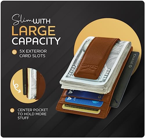 Claasico Men’s Leather Money Clip Wallet – Slim Front Pocket Wallet w/Super Strong Magnetic Clip, RFID Blocking, 5 Card Slots & Center Pocket + ID Window - color: Tan