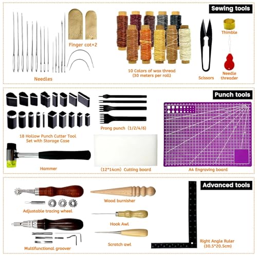 Daily Treasures 73pcs Leather Craft Kits with Portable Handbag, Leather Working Kit with 18 Punch Tool,Tracing Wheel,7 in 1 Groover,Awl,Waxed Thread,Needles,Tools for DIY Polishing Sewing Cutting