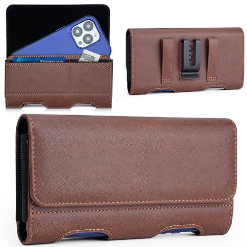 Mopaclle Leather Phone Holster with Heavy Duty Metal Belt Clip and Card Holder, Compatible with iPhone 17/16/15/14/13/12 Pro and Samsung Galaxy S25/S24/S23/S22/S21/S20 - Brown - color: 01-Leather- Brown, size: M(6.0x3.2x0.6)