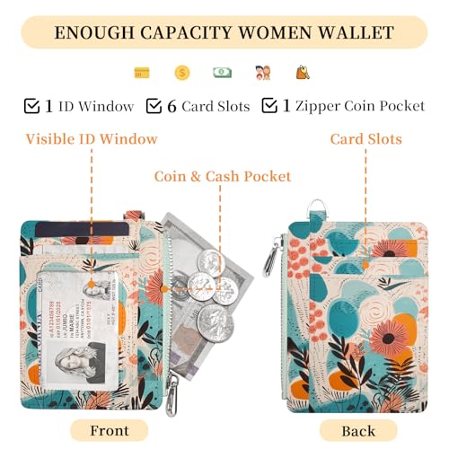 Hancynir Boho Floral Small Wallet Women Credit Card Holder, Slim RFID | Zipper Keychain Wallet, Travel Coin Front Pocket, Ladies Women Gifts, Thin Minimalist Card Case, 6 Card Slots, PU Leather - color: Abstract Keychain Wallet