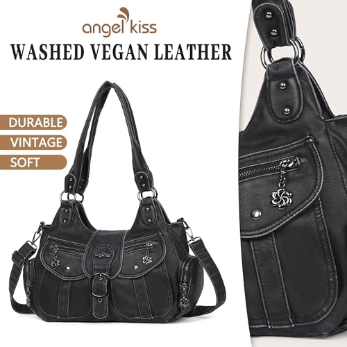 Angel Kiss Hobo Bags for Women Vegan Leather Shoulder Purses and Handbags Ladies Roomy Tote Bags Purse with Crossbody Strap - color: 1-black