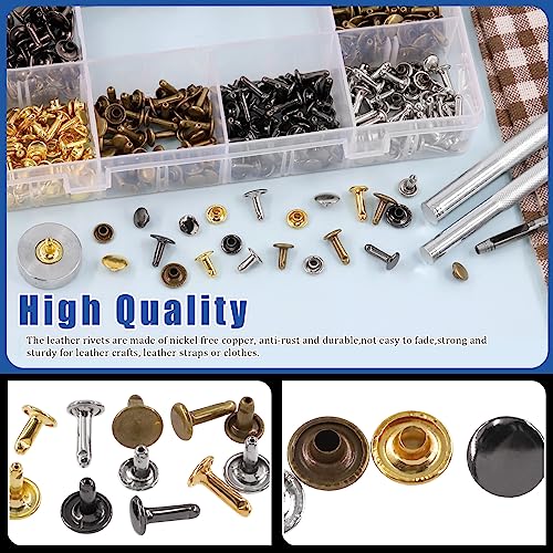 Glarks 360 Sets Leather Rivets with 5Pcs Rubber Hammer Setting Tool Kit, 4 Colors 3 Sizes Double Cap Rivets Tubular Metal Studs Leathercraft Rivets for Bags Clothing Shoes Leather Craft - color: 360 Sets + Hammer