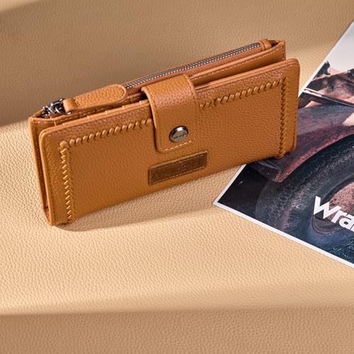 Montana West X Wrangler Womens Wallet Large Capacity Long Compact | Brown Bifold Card Cases & Money Organizers Compact Ladies Female Minimalist Wallet with ID Window and Zipper Pocket - color: Bifold-Brown