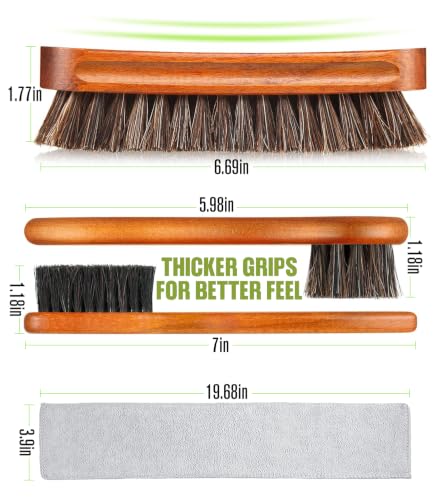 4-Piece Horsehair Shoe Shine Kit, Leather Care Set with Brush | Includes horsehair brushes, detailing brush and microfiber cloth for cleaning and polishing shoes, boots & leather goods