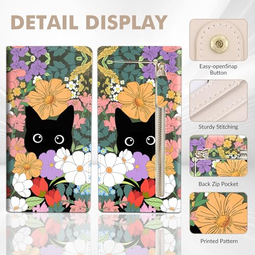 Womens Wallet, Rfid Wallets for Women,Slim Thin Credit Card Holder Organizer Purse,PU Leather Cute Long Bifold Clutch Cash Wallet with Zipper Coin Pocket,Ladies Gift,Flowers and Cats 1 - color: Flowers and Cats 1
