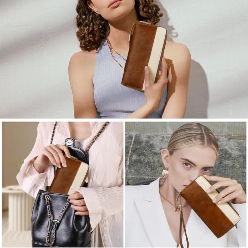 Real Leather Wristlet Wallet Women With RFID Blocking(brownwhite) - color: a7-darkbrown white