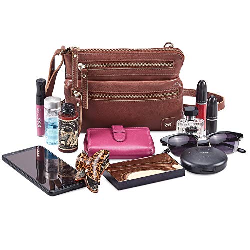 Small Leather Crossbody Bag for Women Adjustable Sling Purse Multi Pocket | Genuine Top Grain Leather, 4 Zip Pockets, Cross Over for Travel, Gift for Women, Phone Pocket - color: Tan Nappa