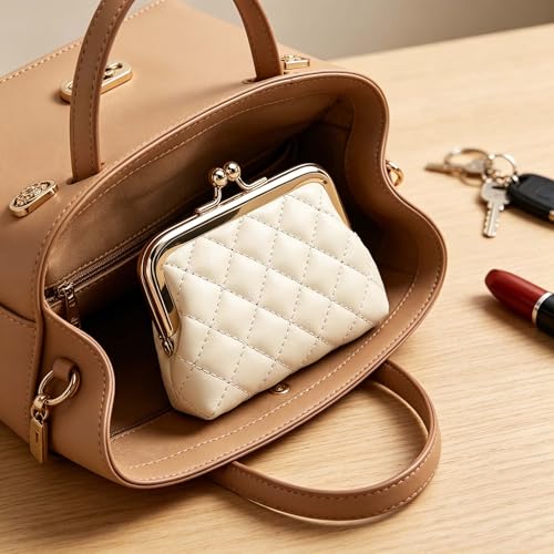 Vintage Kiss Lock Change Pouch, Quilted PU Leather Coin Purse for Women-4.92 Inch White - color: White