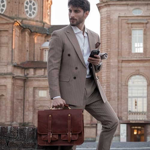 Time Resistance Leather Briefcase – Italian Handmade Leather Laptop Bag – Briefcase Convertible into Backpack - color: Cognac Brown
