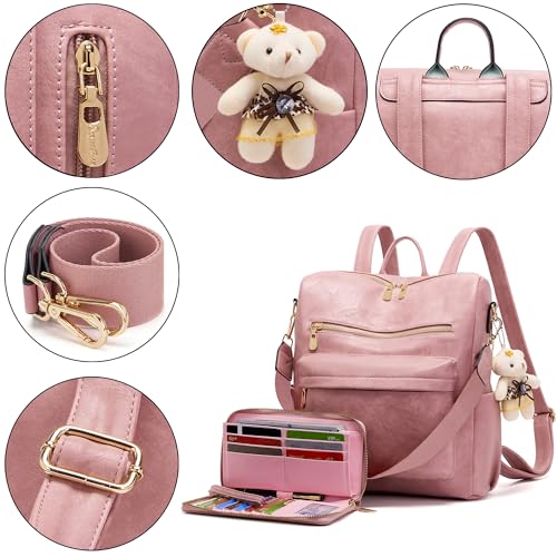 Soperwillton Women Backpack Purse Shoulder Handbags Travel Bag Set 2pcs | Soft PU Leather,Large Capacity,Many Pockets,with a Functional Wallet,with a Detachable Shoulder Strap,Multipurpose Design - color: Pink