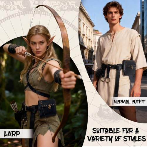 Renaissance Belt Pouch Medieval Pirate Costume Accessories Set for Cosplay | Viking Faux Leather Waist Bag, Skirt Hike Clips, Perfect for Women and Men Ren Faire, LARP, Fantasy, Halloween - color: Black-D
