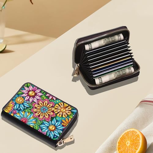 JZHYOAN Portable Diamond Art Zipper Business Small Wallet 11x8 cm DIY Flower Special Pattern Rhinestone Mosiac Card Holder Wallet Diamond Painting Credit Card Holder for Family Woman Adult