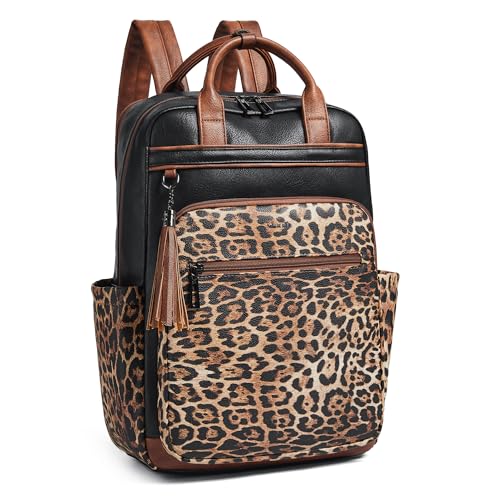 Laptop Backpack for Women 15.6 inch Travel Leather Backpack Purse Work Computer Backpacks for Business College Black With Leopard - color: Black With Leopard