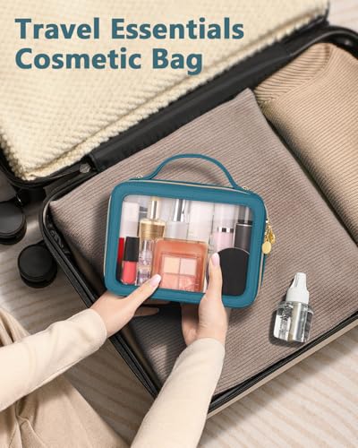 Soimeat Clear Makeup Bag, Portable Travel Cosmetic Bags, Multipurpose Leather Toiletry Bag with Zipper, Waterproof Transparent Cosmetic Organizer for Women, Medium, Blue - color: Blue, size: Medium