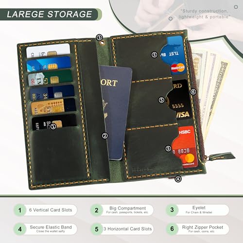 Robrasim Leather Wallet for Men and Women, Handmade Detachable Chain Wristlet Long Bifold Clutch with Large Capacity Zipper Coin Pocket (Green, 7.87"x4.17") - color: Green