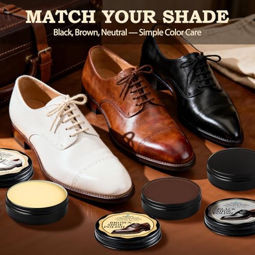 Feilove Shoe Polish Kit 8PCS – Premium Black, Brown & Neutral Polish, Horsehair Brush, 3 Cloths & Compact Pouch for Leather Shoe Care, Waterproof for Boots and Shoes, Office and Travel