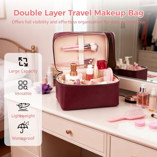 Makeup Vanity Bag for Women - Large Capacity Cosmetic Organizer with Removable Liner, Waterproof PU Leather Skincare Bag, Portable Chic Cosmetic Make Up Case for Skincare, Accessories,StyleC, Burgundy - color: Burgundy, size: StyleC