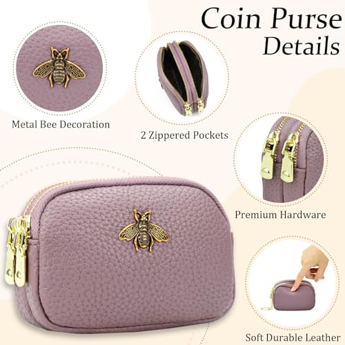 WOZEAH Leather Coin Purse for Women Small 2 Zipper Change Wallet with Key Ring Card Key Coin Cash Holder Pouch(Purple) - color: Purple