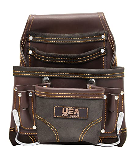 Leather Tool Pouch for Carpenter | Best for Electricians, Plumbers, Handyman and Framers | 10 Pockets with 2 Stainless Steel Hammer Holders - color: Dark Brown