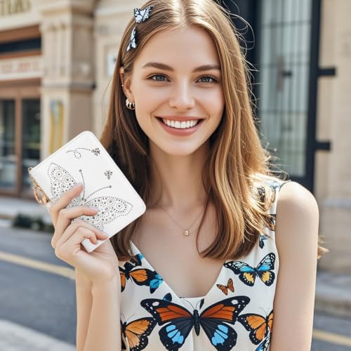 KITEVIUN Women RFID Blocking Small Bifold Wallet, Compact Cash Clutch with Zipper Coin Pocket, Glittery Butterfly Design, Credit Card Holder, Travel Purse with Tassel WHITE - color: 01-WHITE