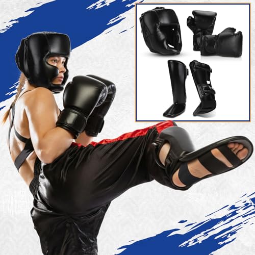 Arrowbash 5 Pcs Boxing Guards Set for Kids with Sparring Headgear, 6oz Boxing Gloves and Leg Shin Guards Wrestling Headgear for Youths Teens Boys Girls Kickboxing Karate Muay Thai BJJ Training - color: Black
