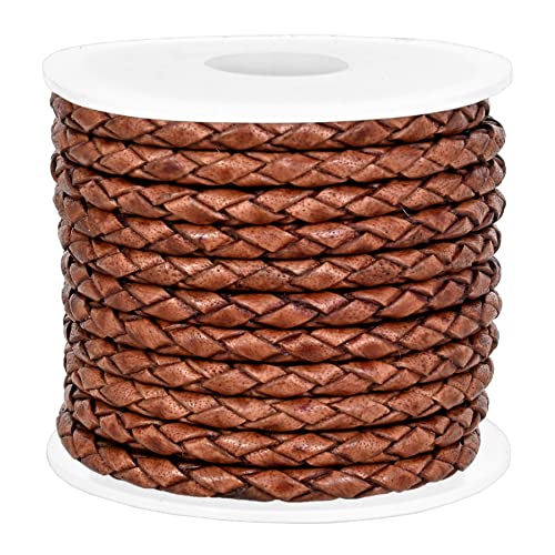 GENIQUE Real/Genuine Round Braided Leather Cord String Rope Folded, Leather Rope for Crafts, Jewelry Making, Necklace, Bracelets (5 Metres) (3mm, Saddle Brown Distressed) - color: Saddle Brown Distressed, size: 3mm