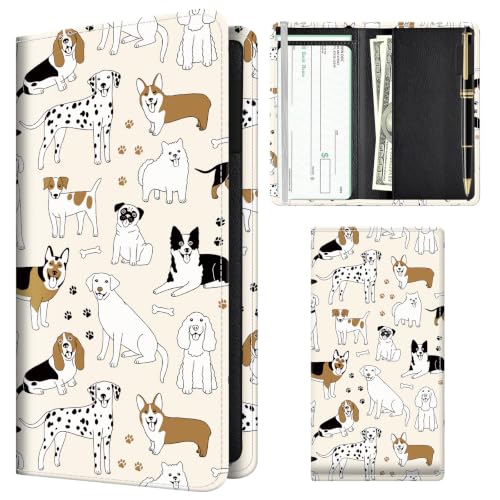 Checkbook Cover for Personal Checkbook, Cute Pu Leather Check Book for Women & Men, Slim Checkbook Holder with Pen Holder and Built-in Clear Plastic Divider, Cute Dog - color: Cute Dog