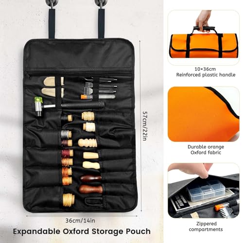 Daily Treasures 73pcs Leather Craft Kits with Portable Handbag, Leather Working Kit with 18 Punch Tool,Tracing Wheel,7 in 1 Groover,Awl,Waxed Thread,Needles,Tools for DIY Polishing Sewing Cutting