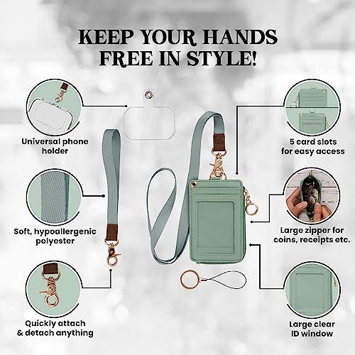 MONDO DESIGNS 2-in-1 Lanyard Wallet with ID Badge Holder - Small Keychain Wristlet Wallet for Women with Zipper Card Pocket and Phone Lanyard, Wrist Strap Office Teacher - Sage Green - color: Green